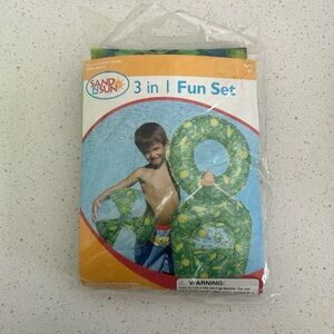 Sand N Sun 3-in-1 Pool Toy Fun Set Inflatable Beach Ball, Swim Ring, Kids Surfer